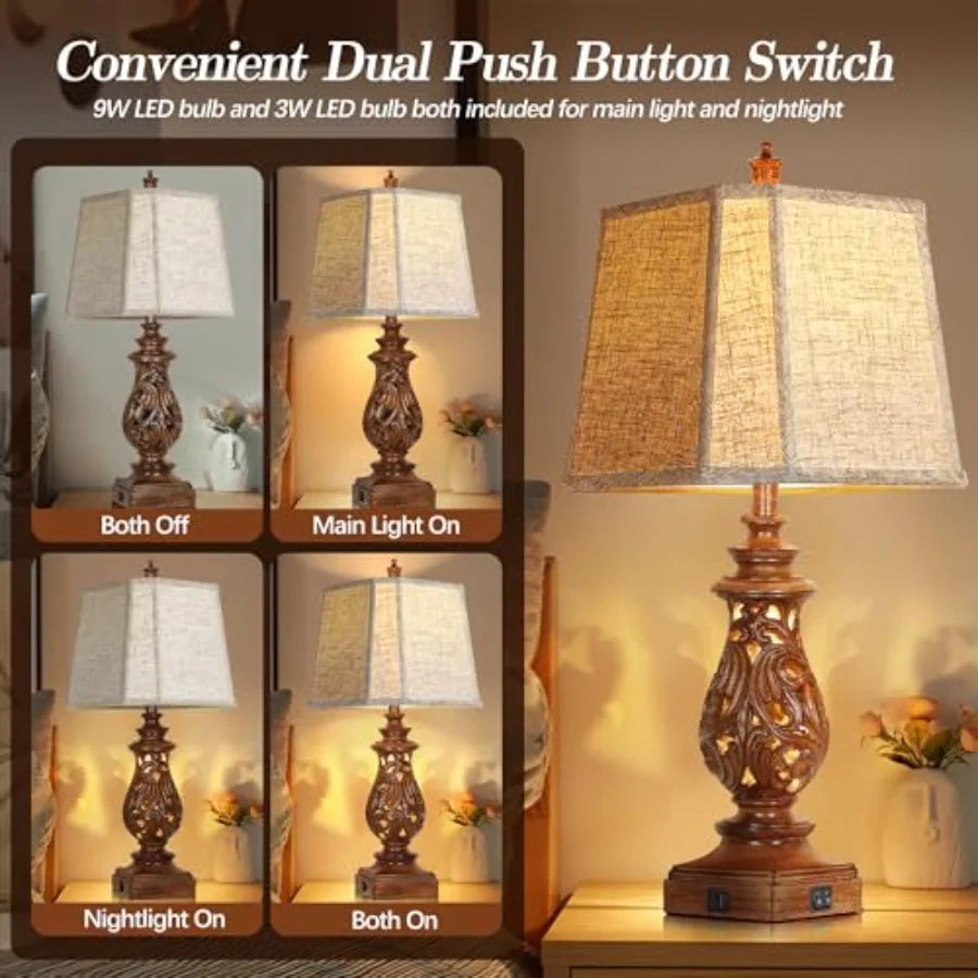 Farmhouse Table Lamps With USB Charging Ports And Night Light