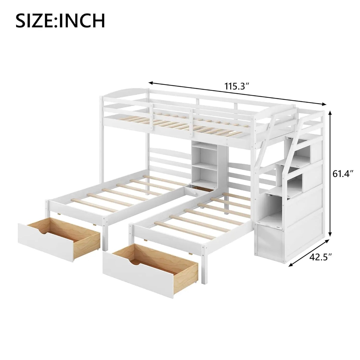 Triple Bunk Bed With Wood Frame And Storage Stairs Drawers
