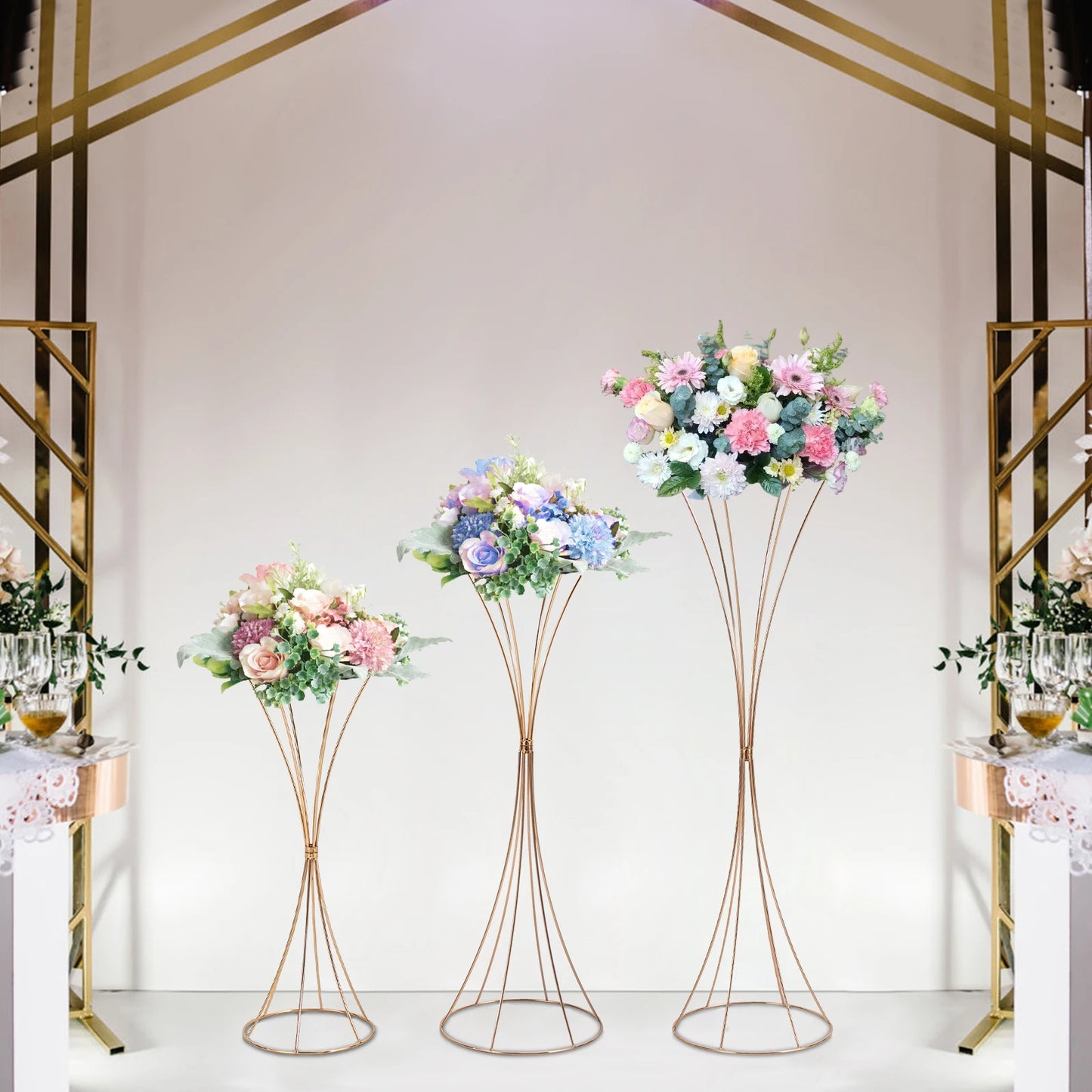 3-Piece Gold Flower Stand Set For Weddings Table Decor Prop