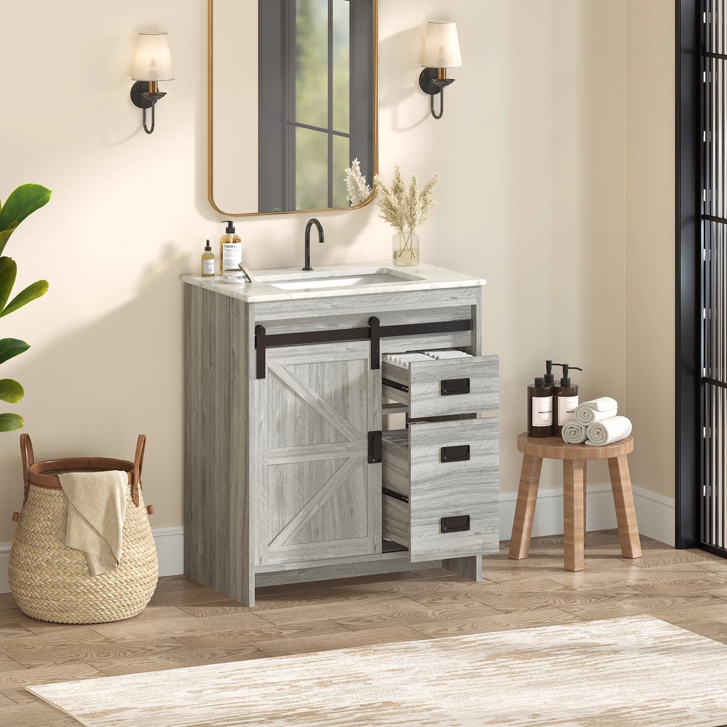 Gray Farmhouse Bathroom Vanity with Ceramic Top And Sliding Barn Door Design