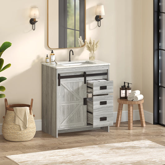 Gray Farmhouse Bathroom Vanity with Ceramic Top And Sliding Barn Door Design