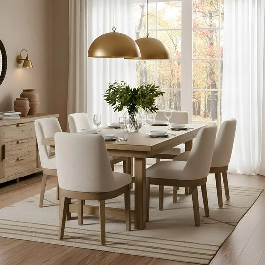 Modern Linen Dining Chairs Set Upholstered Back Wood Legs