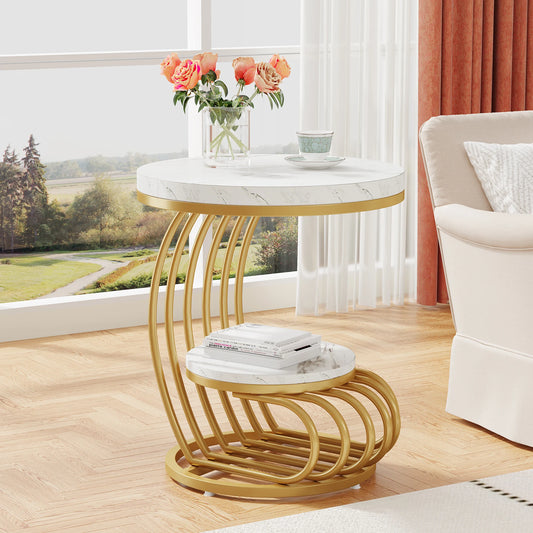 Tribesigns Round End Table With Faux Marble Two Tiers Storage