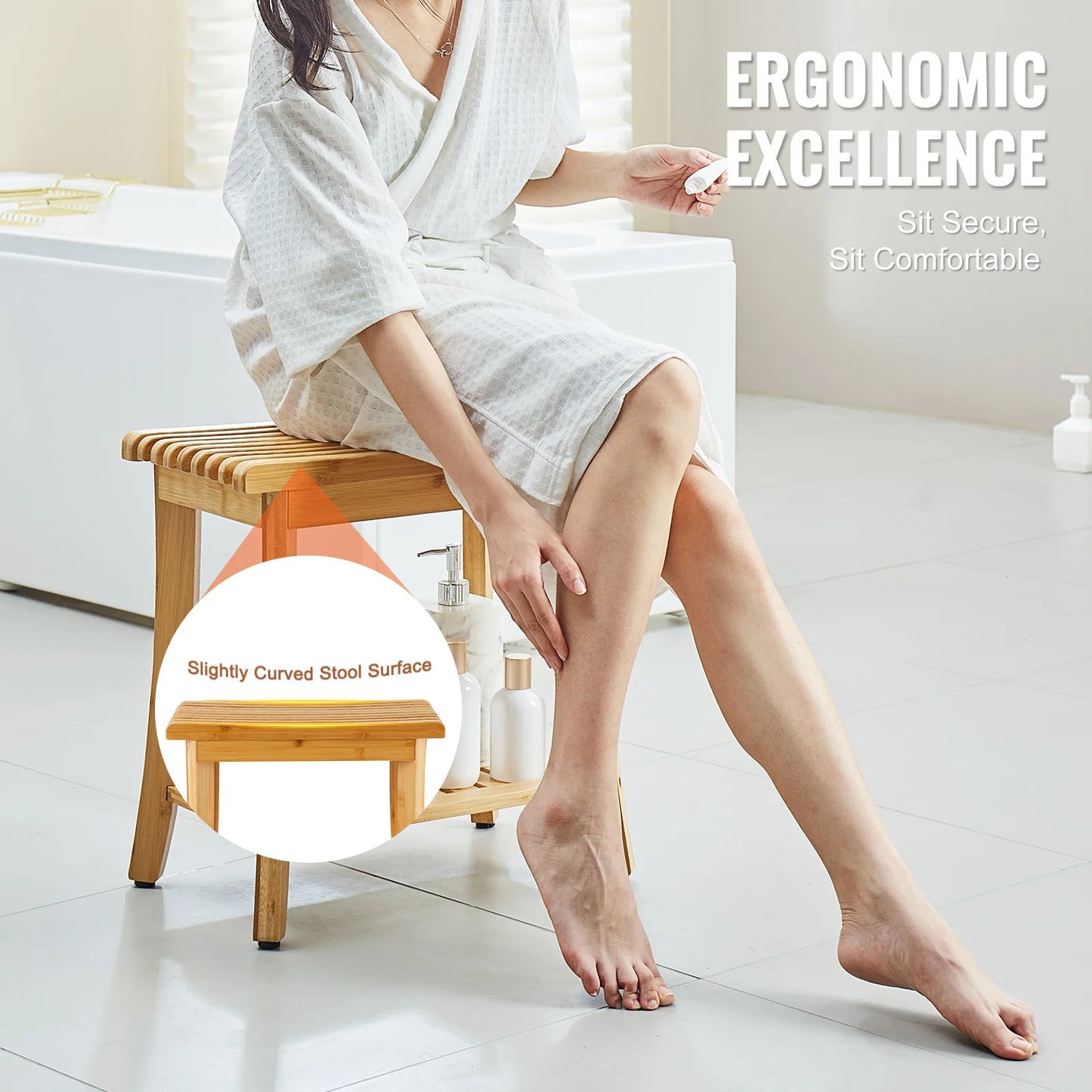 SucceBuy Bamboo Shower Bench With Storage Shelf Waterproof