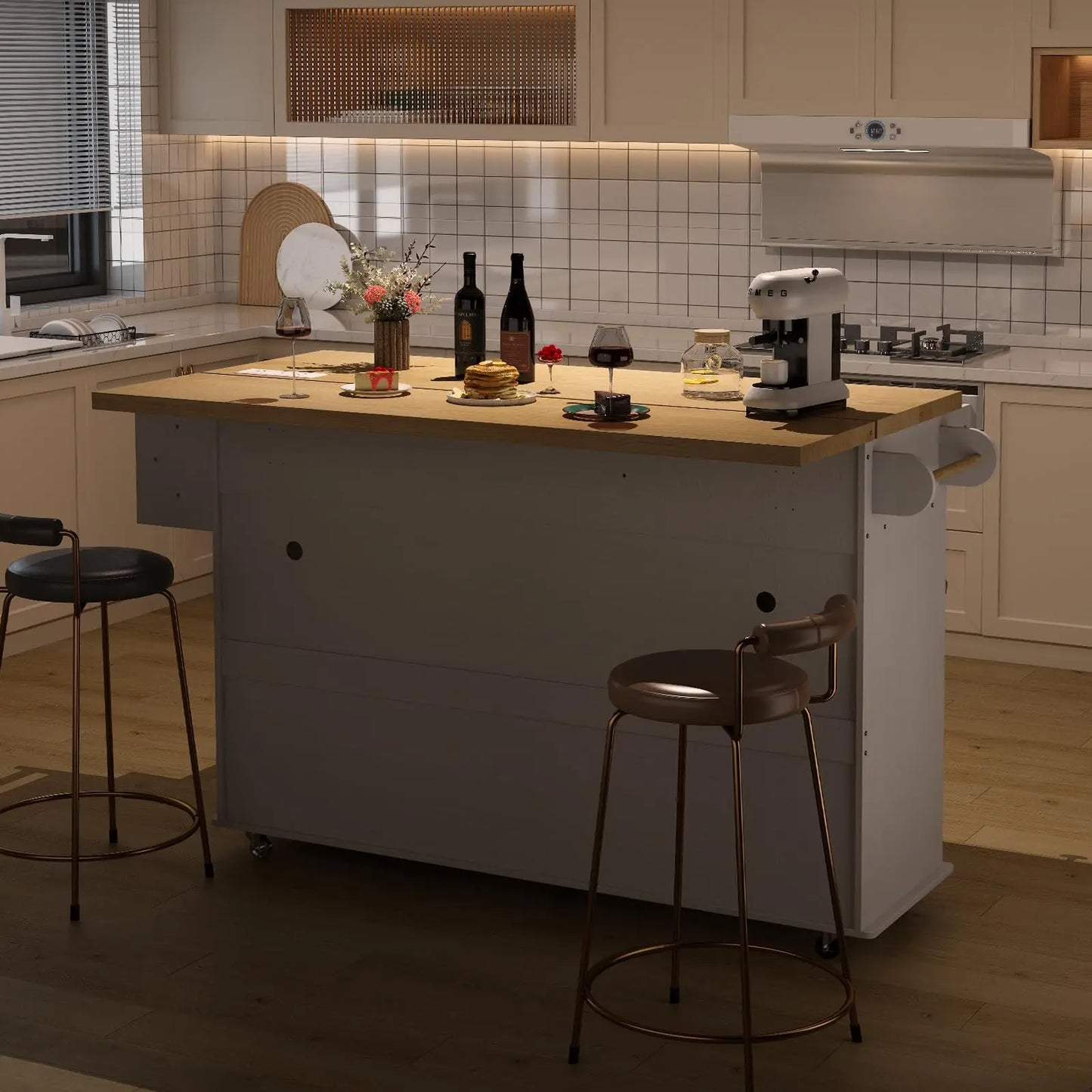 ONBRILL Kitchen Island Cart With Power Outlet And Towel Rack