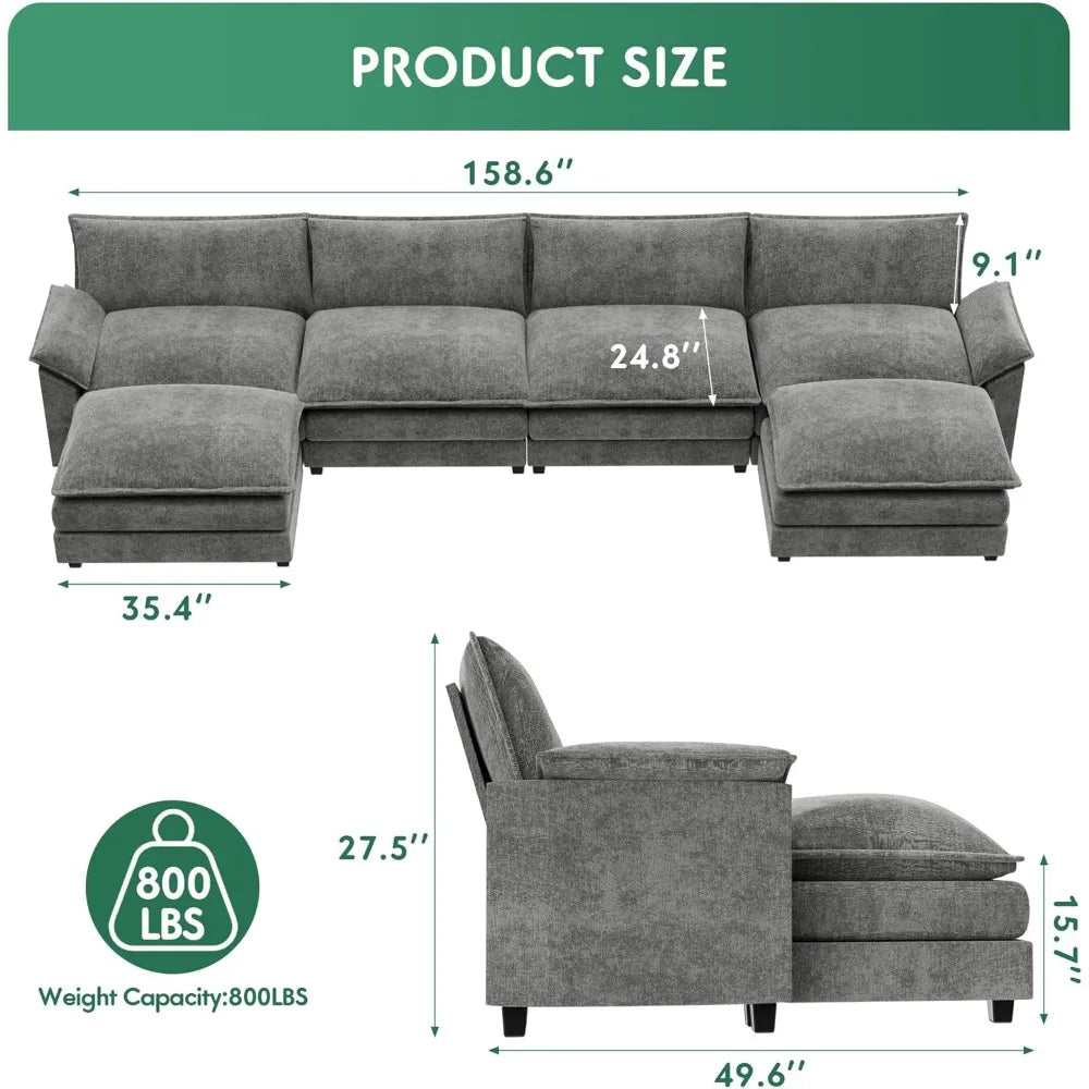 U Shaped Sectional Sofa In Chenille With Removable Ottoman Sleeper