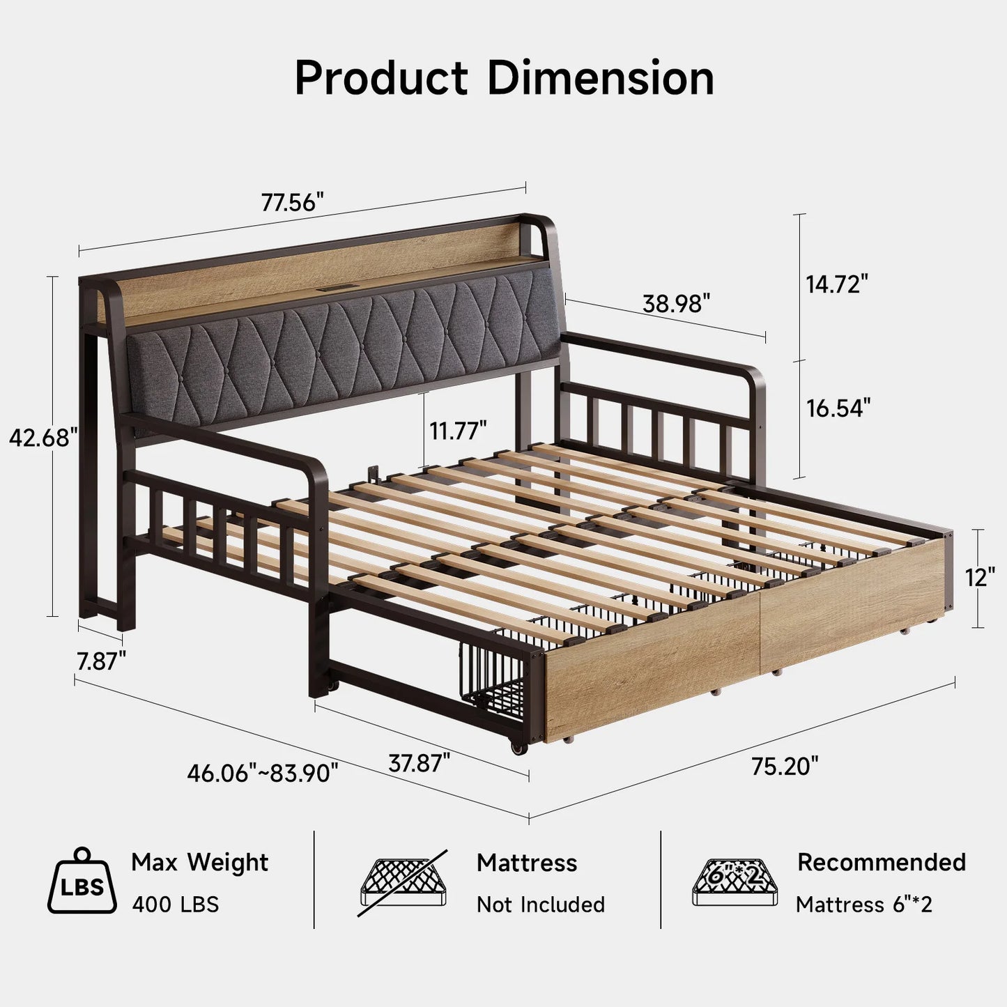 ONBRILL Daybed With Trundle Storage Drawers Upholstered Headboard