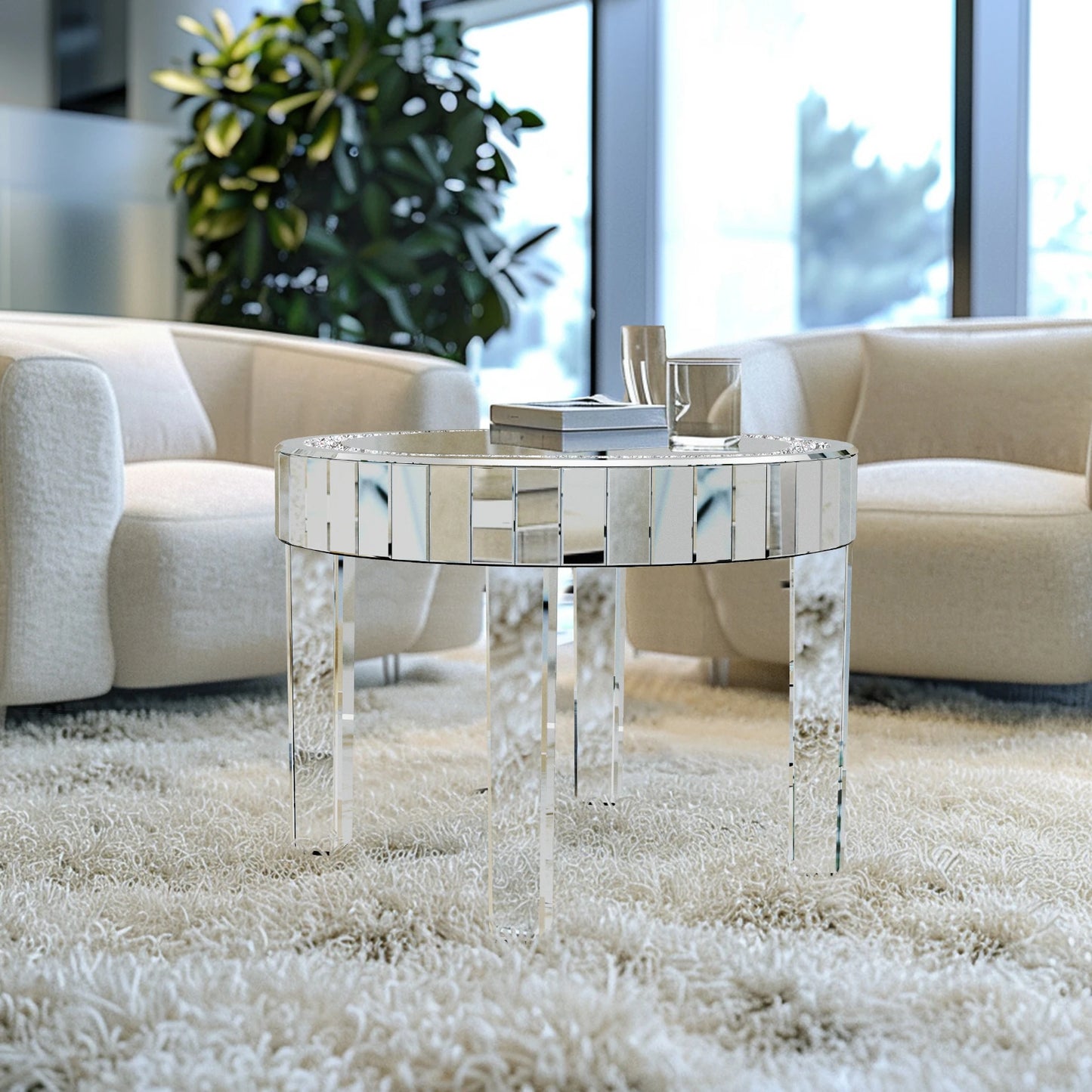 LUVODI Luxury Round Mirrored Bedside Table Diamond Inlay