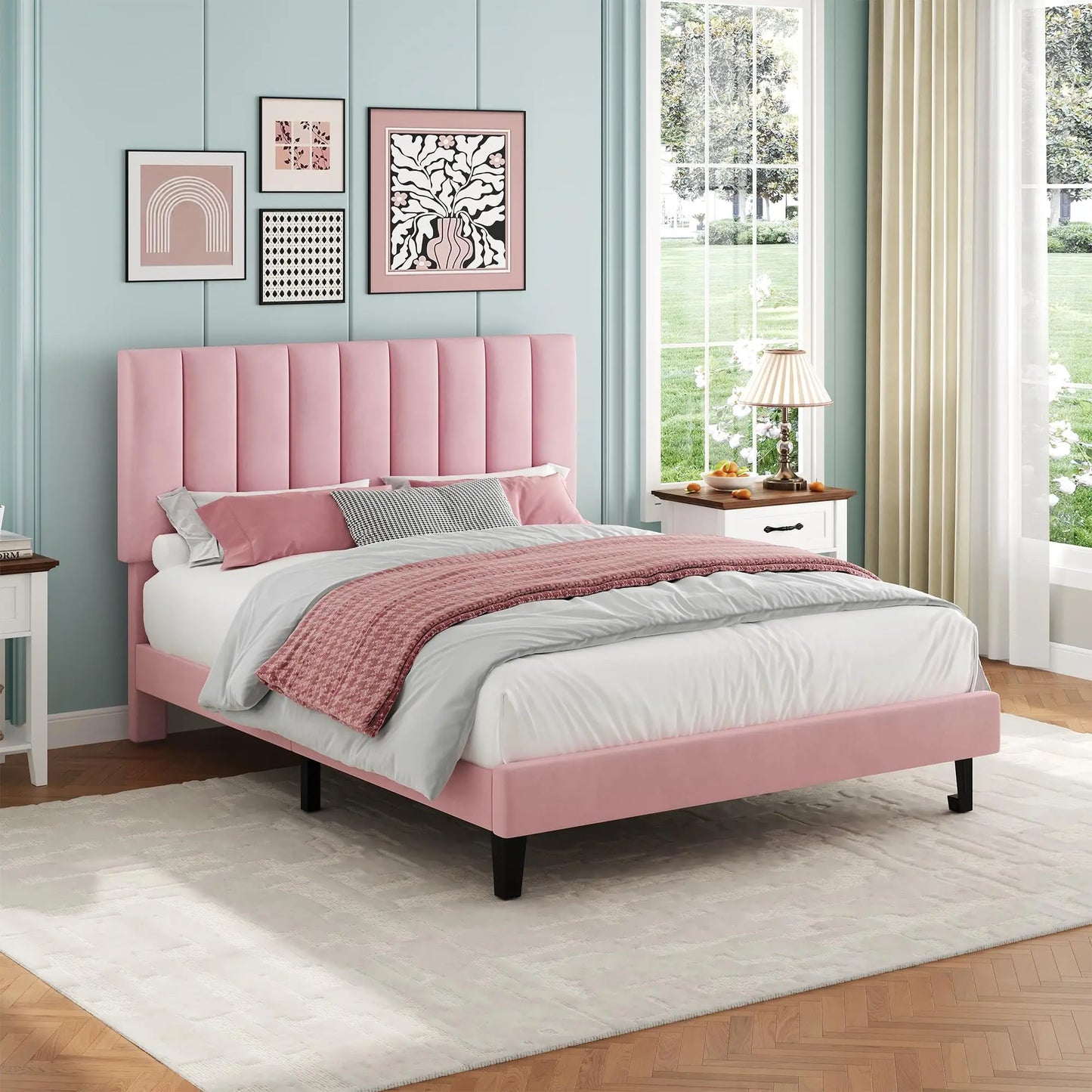 HiMiss Upholstered Platform Bed Frame With Adjustable Tufted Headboard
