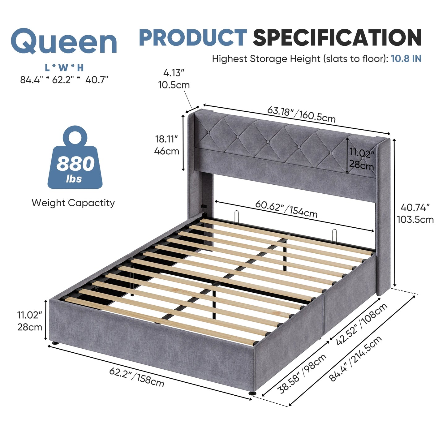 JHK Modern Wingback Platform Bed With Hydraulic Lift Storage