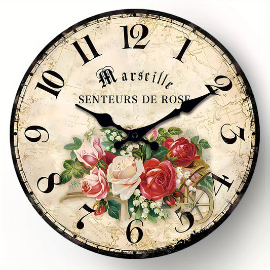 XMSJ Vintage Rose Floral Wooden Wall Clock Silent Decor