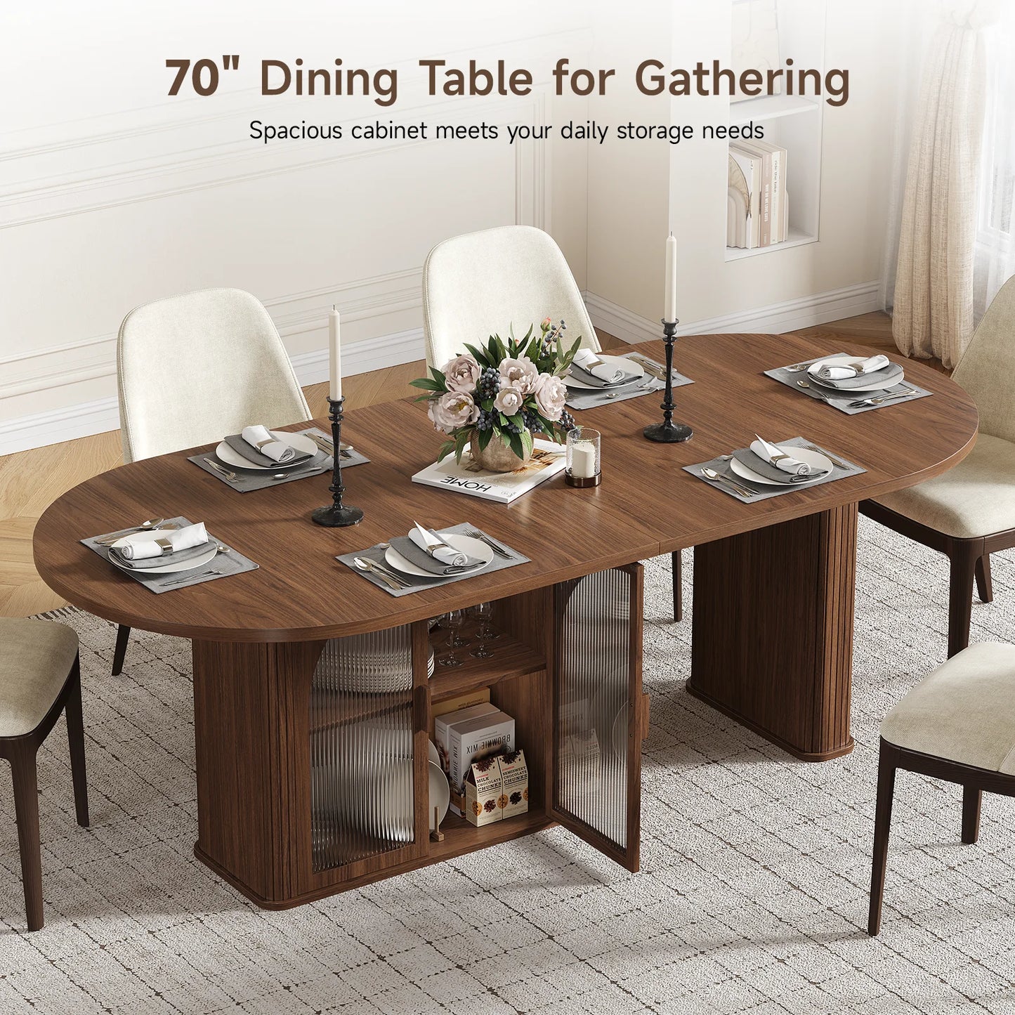 ONBRILL Oval Dining Table With Two Tier Storage And LED