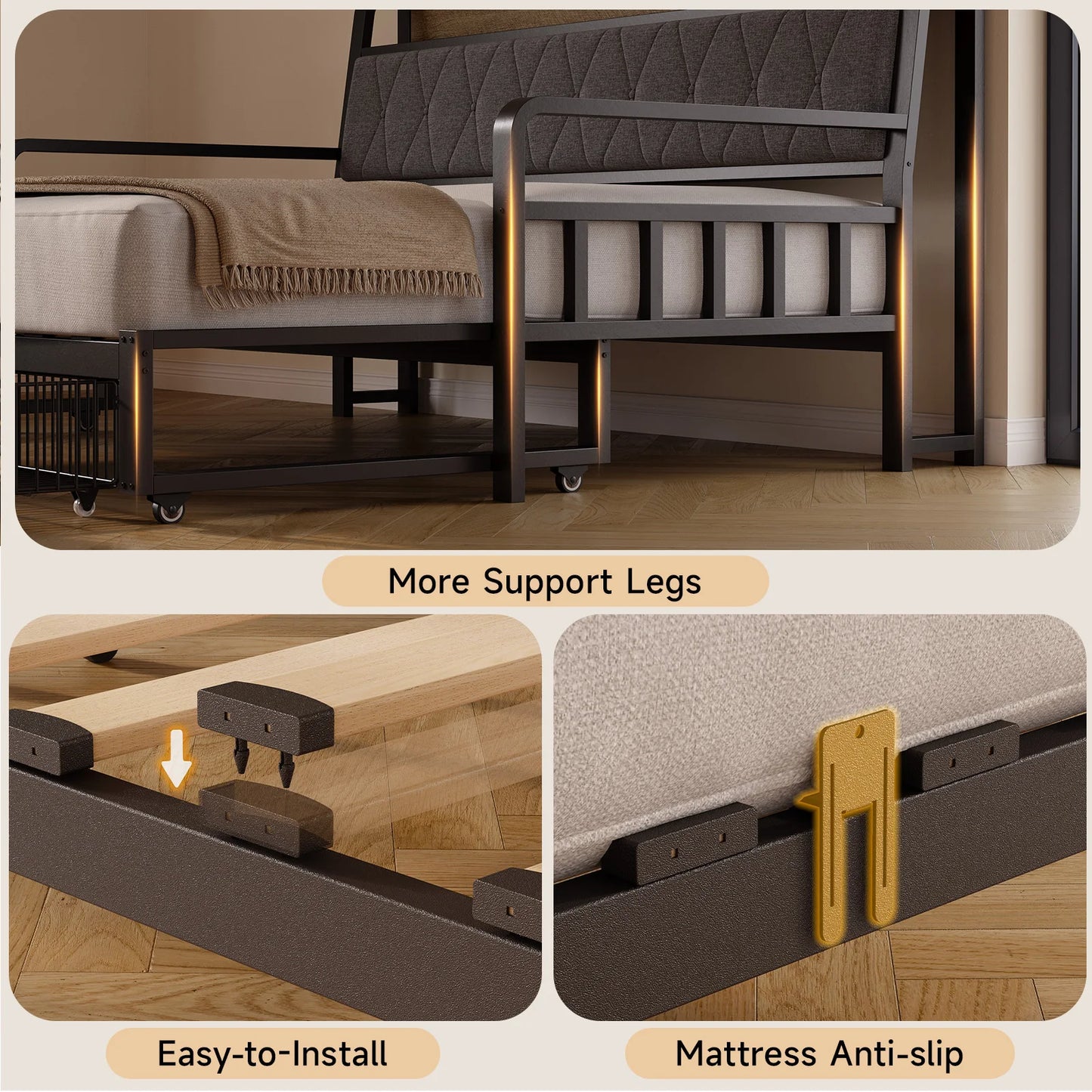 ONBRILL Daybed With Trundle Storage Drawers Upholstered Headboard