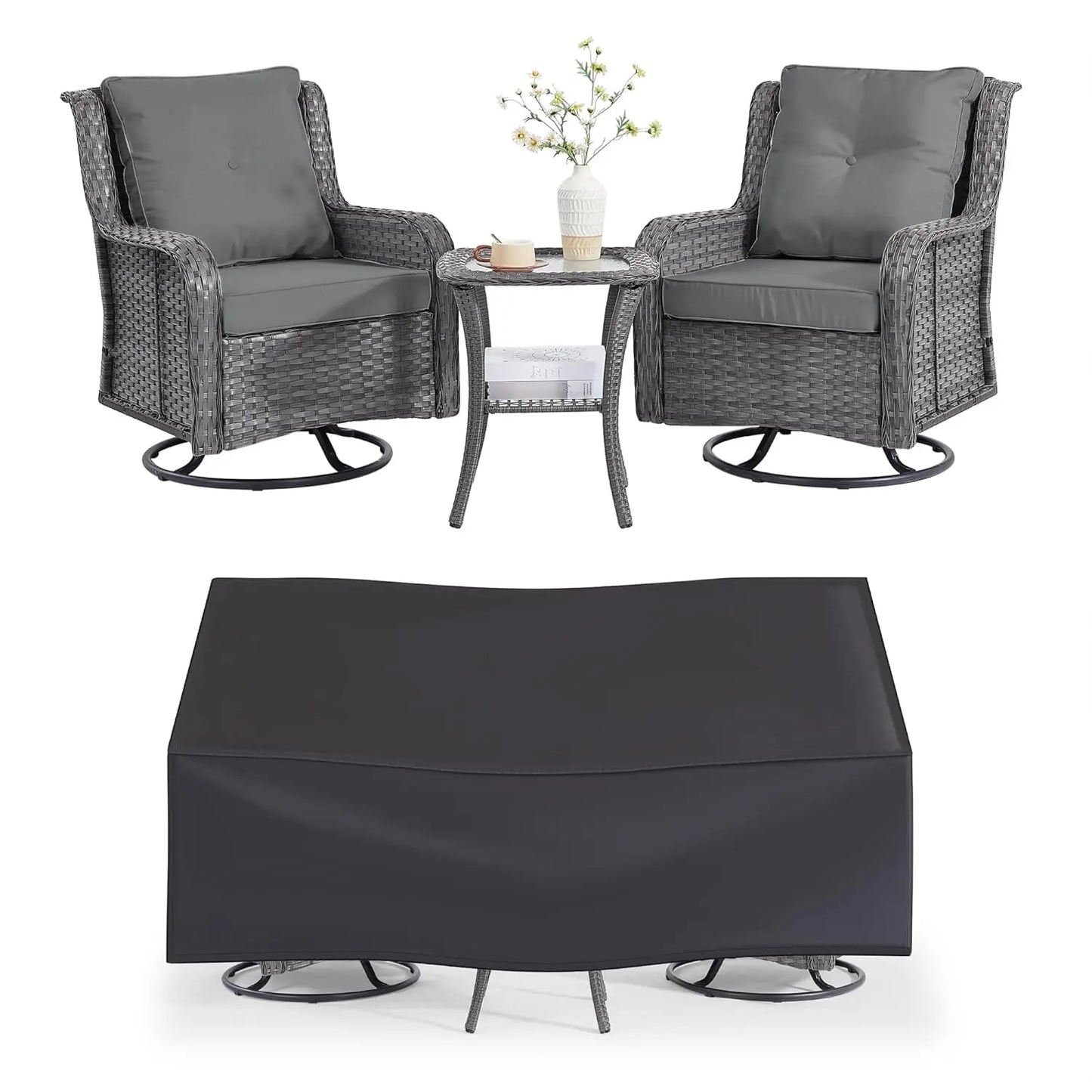Wicker Patio Furniture Set With Swivel Rocking Chairs And Table