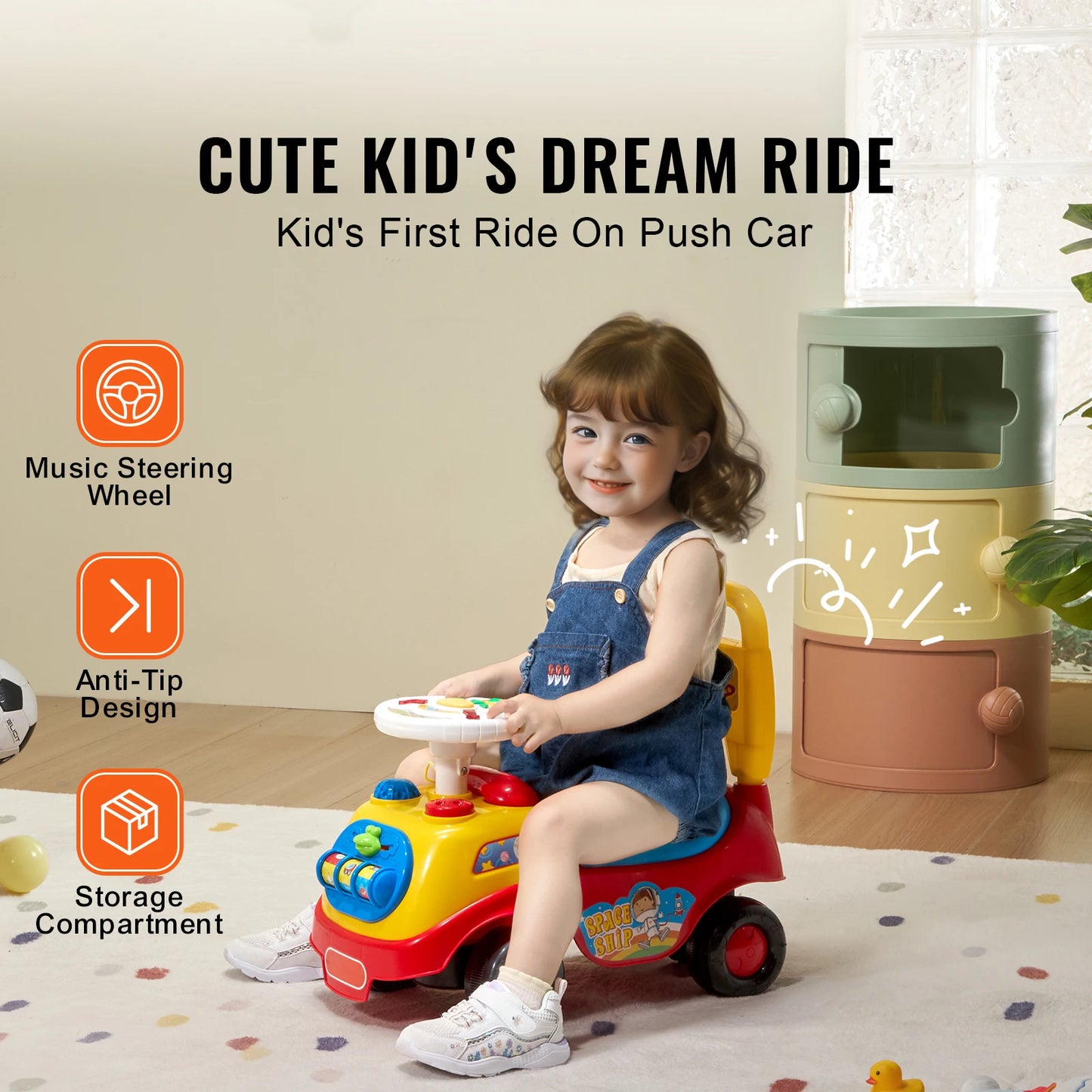 SucceBuy Toddler Ride On Push Car With Music Steering Wheel Seat Storage