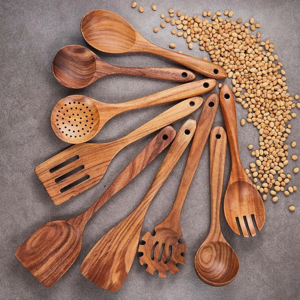 Natural Teak Wood 9-Piece Utensil Set For Nonstick Cookware