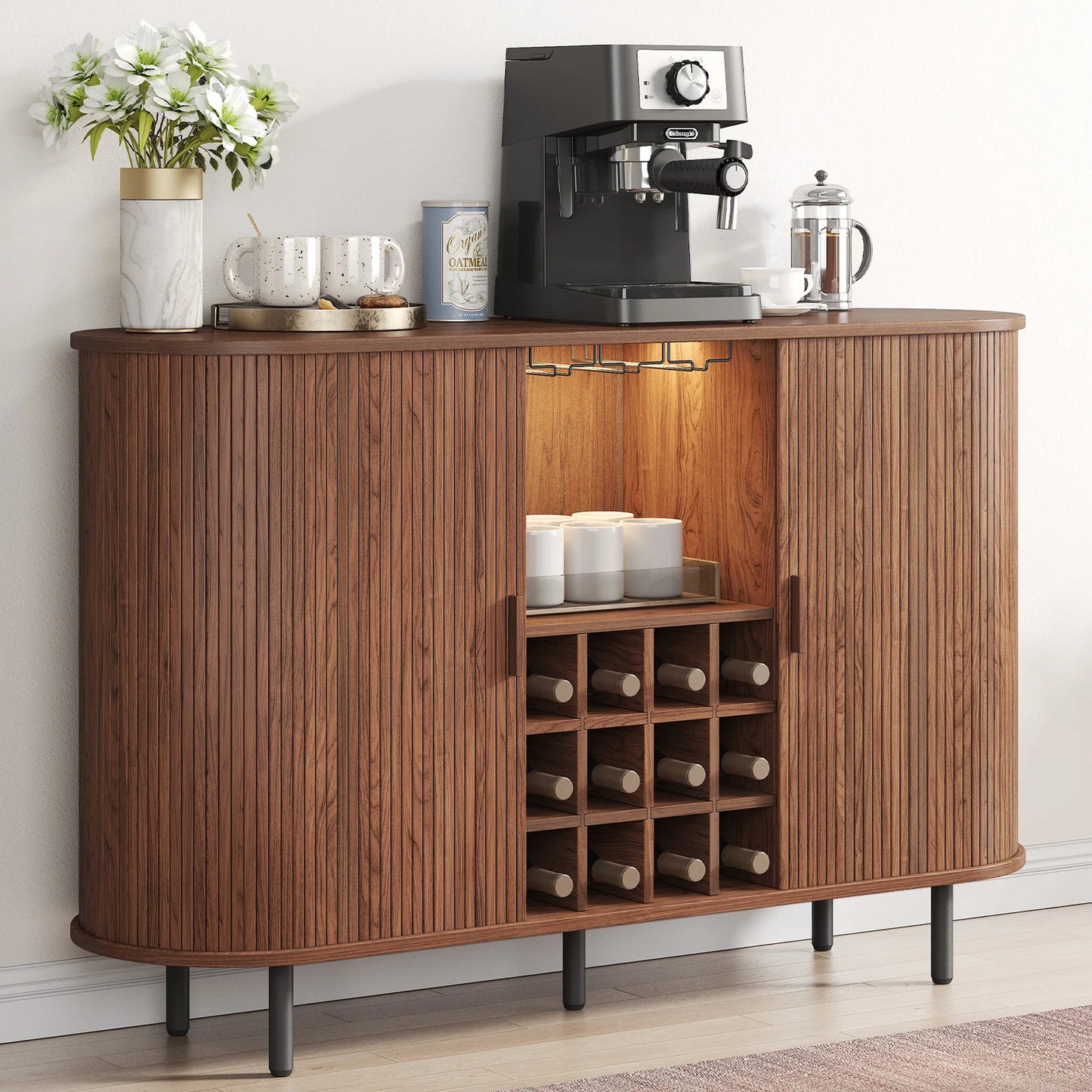 Wine Bar Cabinet With LED Lighting And Glass Holder