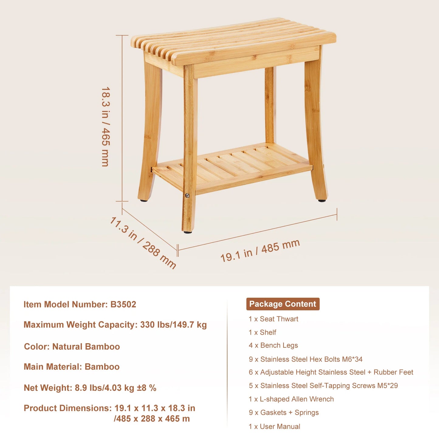 SucceBuy Bamboo Shower Bench With Storage Shelf Waterproof