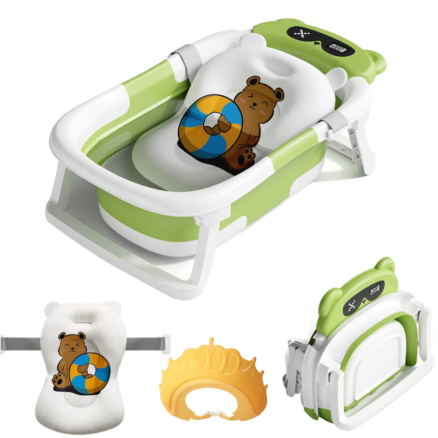 Baby Foldable Bath Tub With Thermometer Cushion Cap Brush