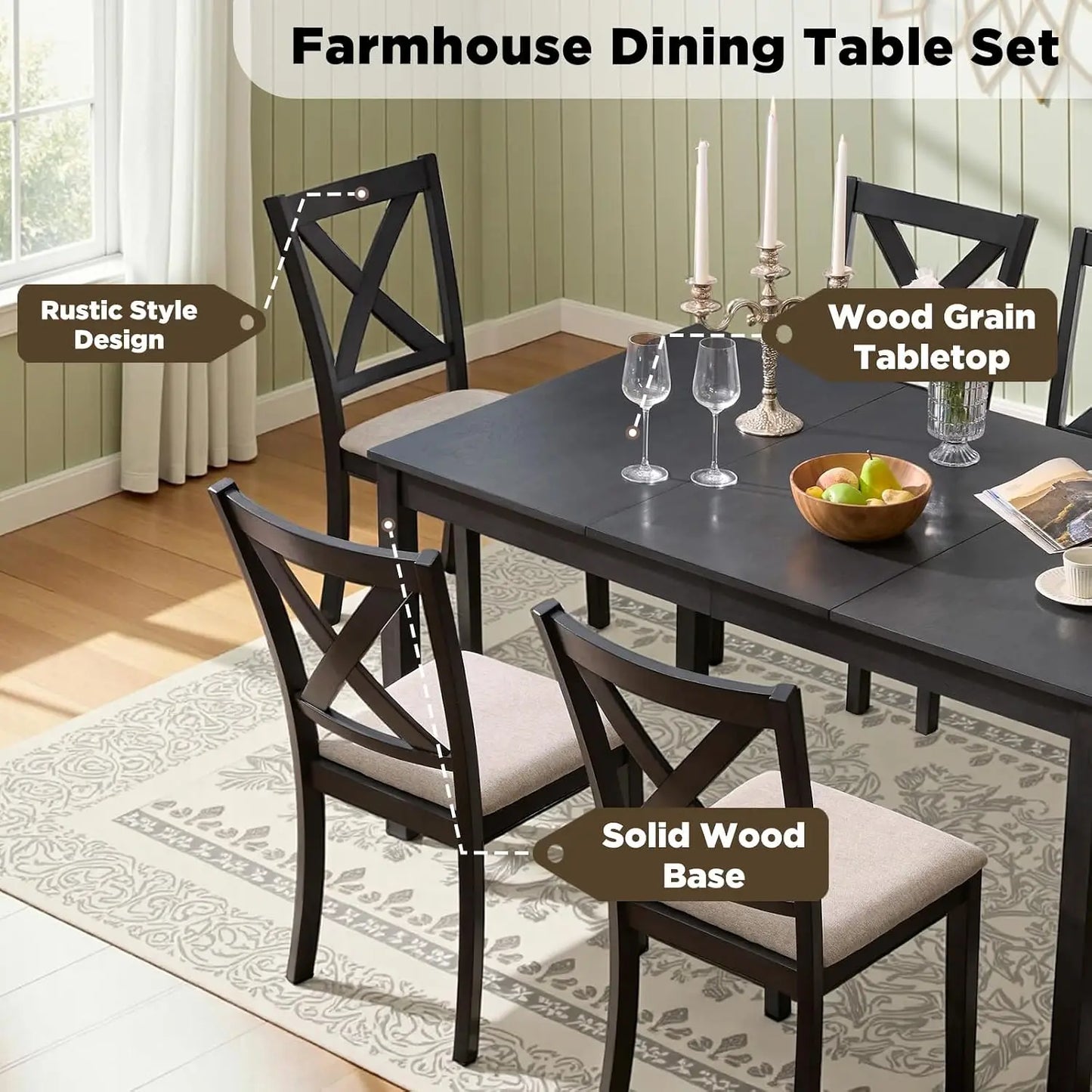 Premium Solid Wood Farmhouse Dining Table Set Seats Six