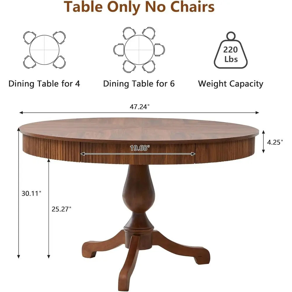 Walnut Round Dining Table With Pedestal Base And Storage Drawers