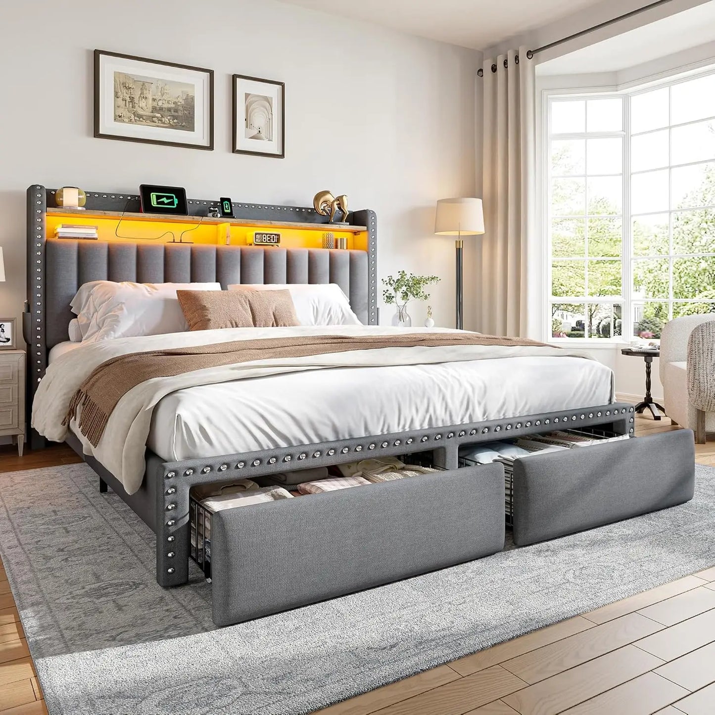 Upholstered Platform Bed With Storage Drawers LED Lights Charging Station