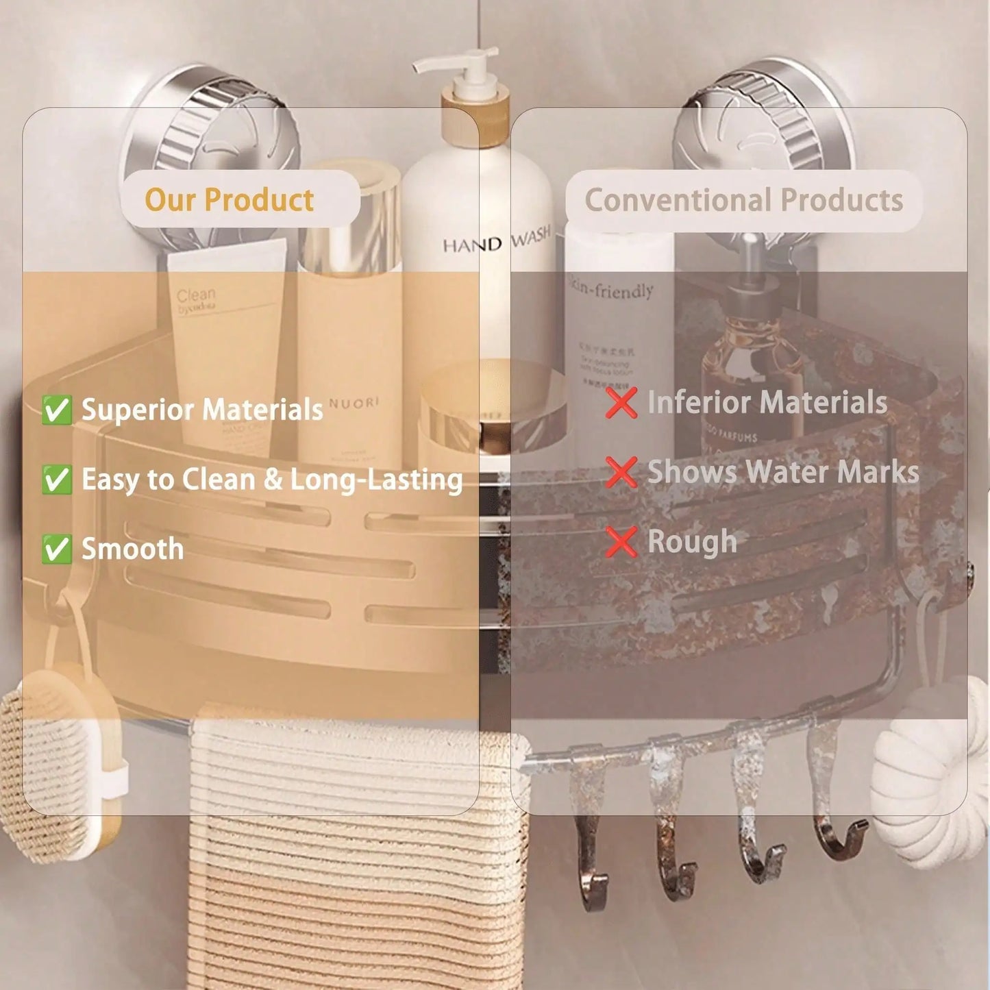 Suction Cup Shower Corner Shelf Organizer and Hooks