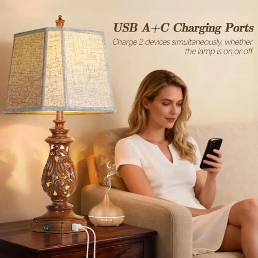 Farmhouse Table Lamps With USB Charging Ports And Night Light