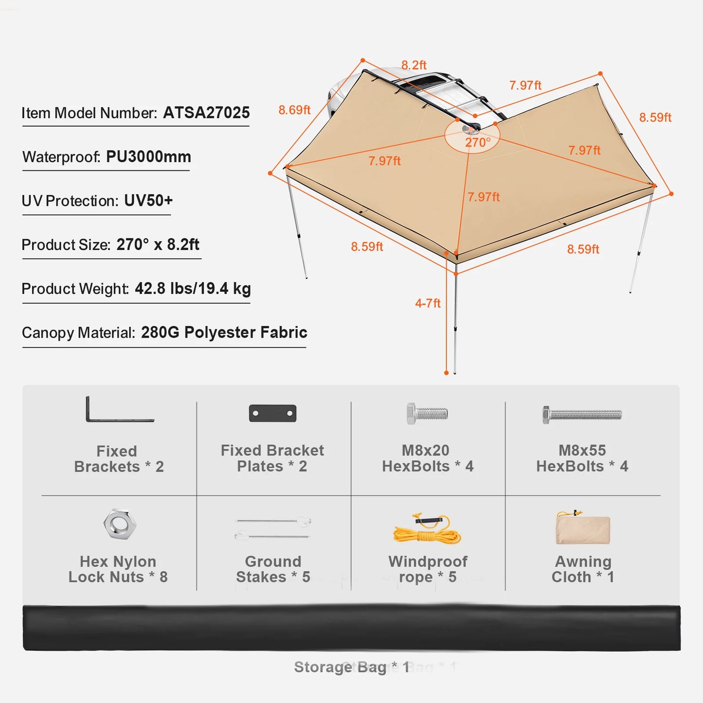 Succebuy Retractable Car Side Awning With Waterproof Storage Bag