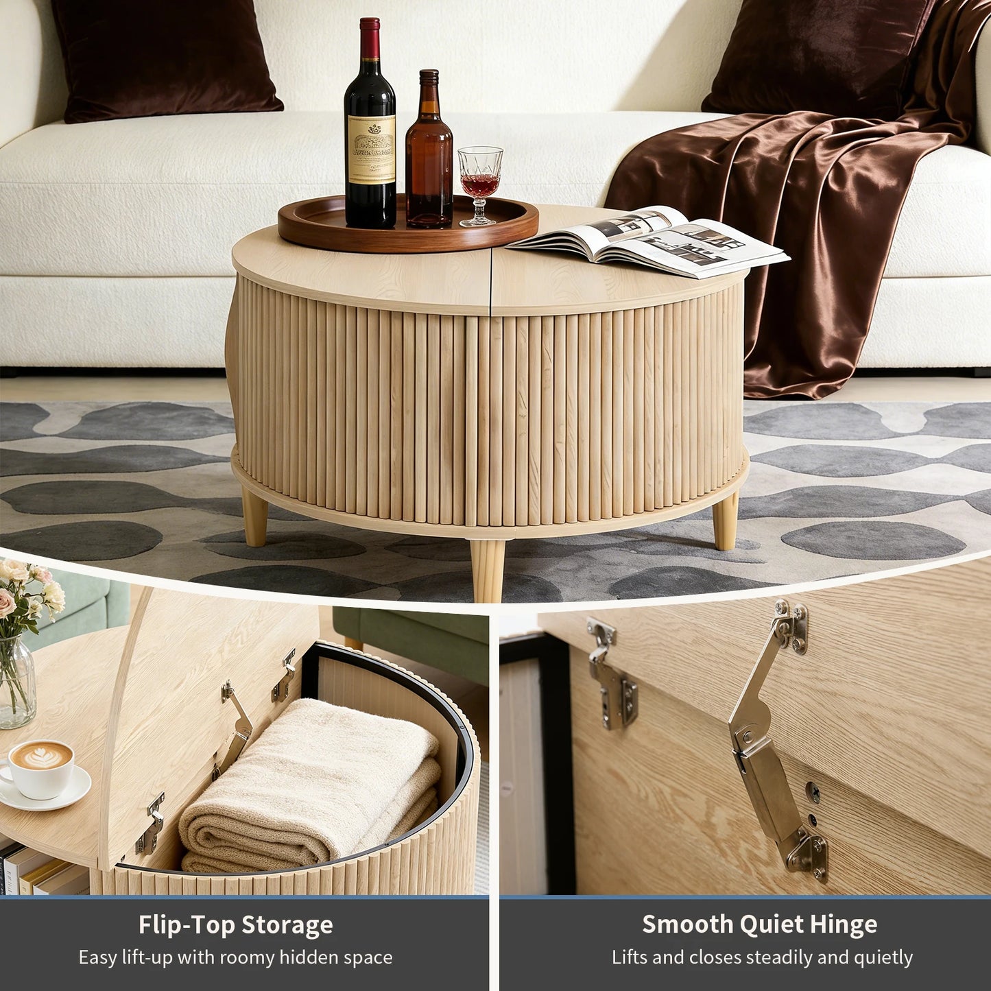JHK Round Coffee Table With Flip Top Storage Wood Shelves
