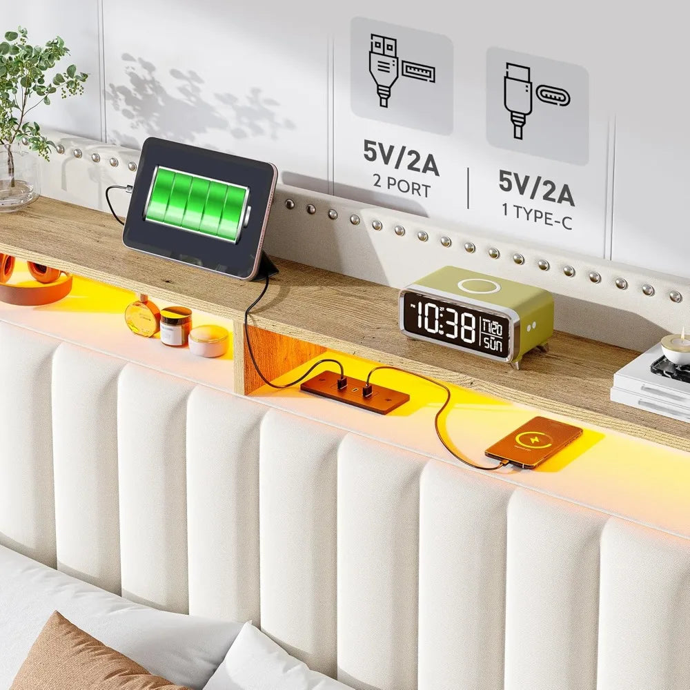 Upholstered Platform Bed With Storage Drawers LED Lights Charging Station