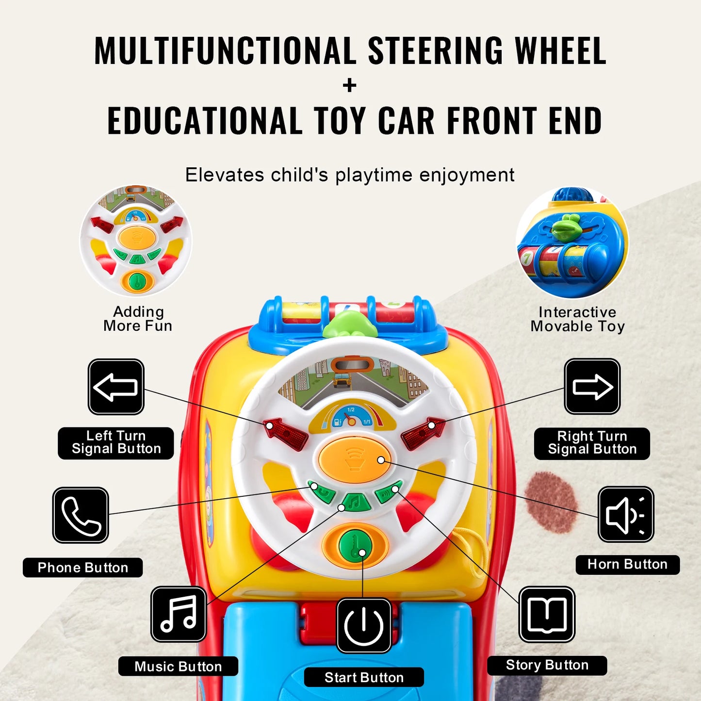 SucceBuy Toddler Ride On Push Car With Music Steering Wheel Seat Storage
