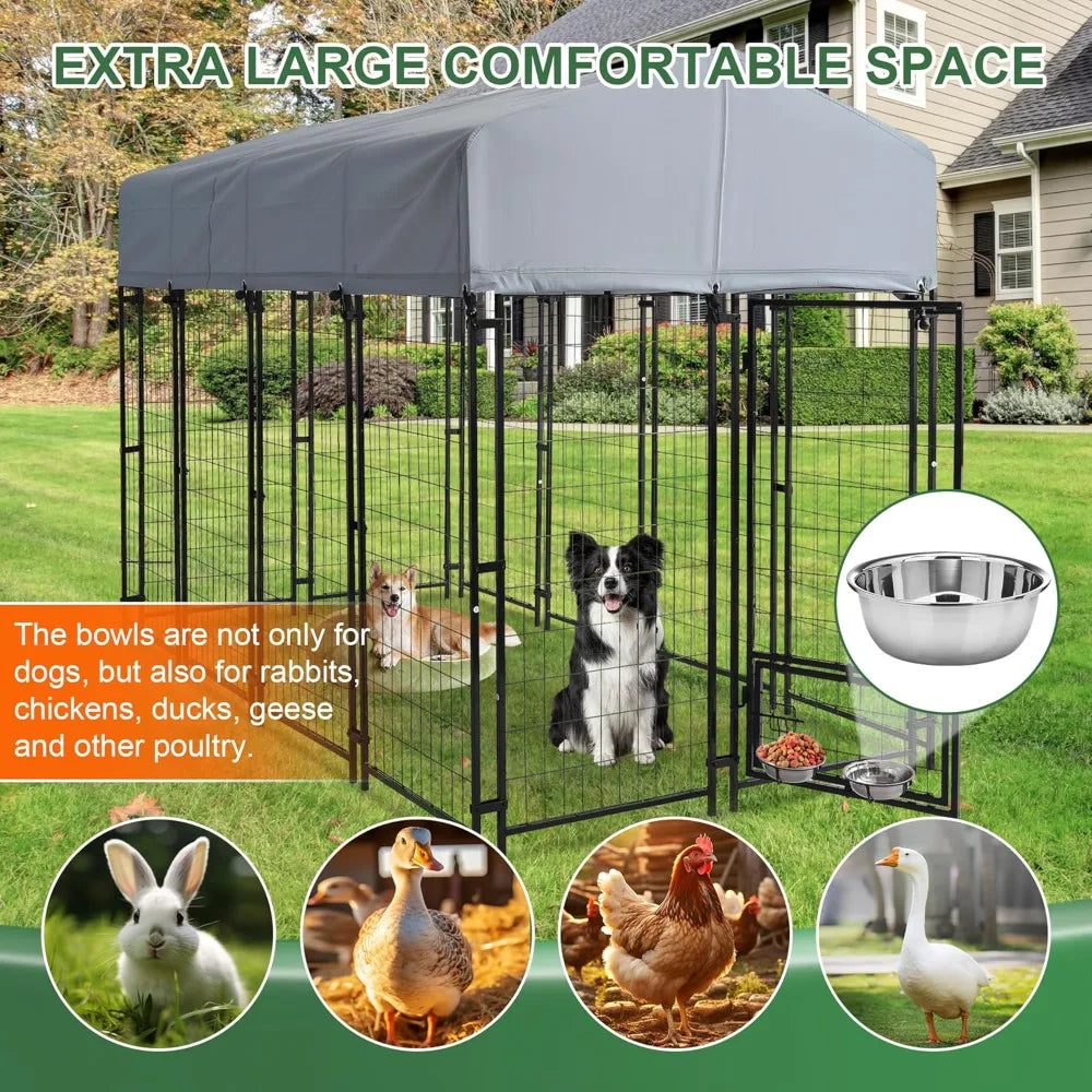 Heavy Duty Outdoor Dog Kennel With Roof, Rotating Bowls, Lock
