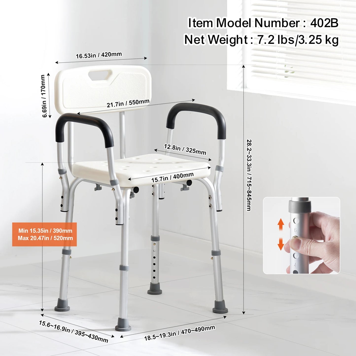 Shower Chair With Back Adjustable Height Non Slip For Elderly