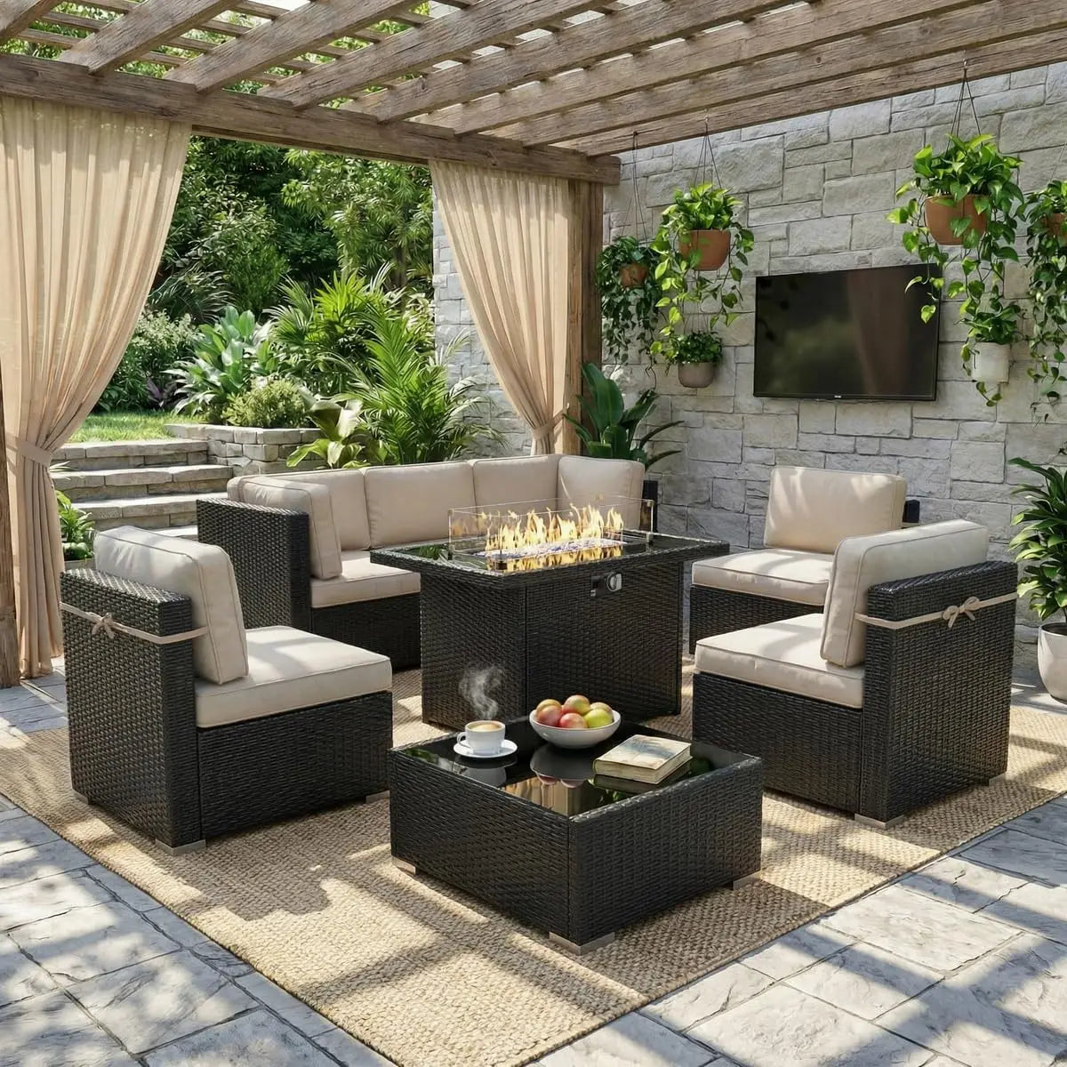 Outdoor Patio Furniture Set With Fire Pit Table In Wicker Rattan
