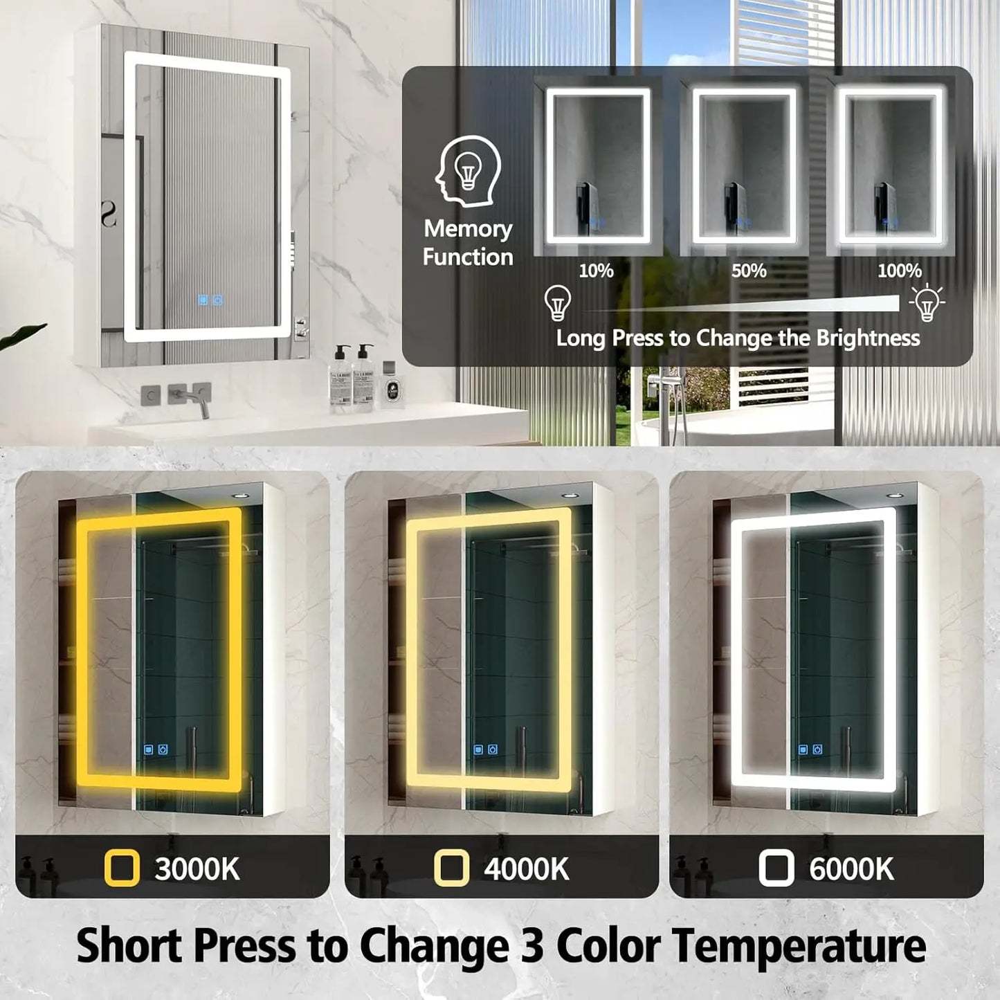 Medicine Cabinet With Mirror And Adjustable LED Lighting