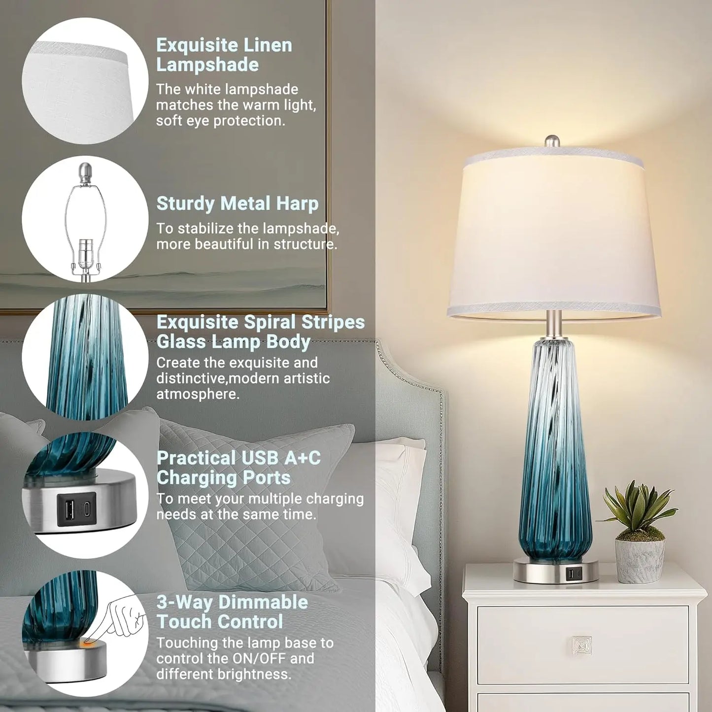 Touch Control Glass Table Lamps Set With Usb Charging Ports