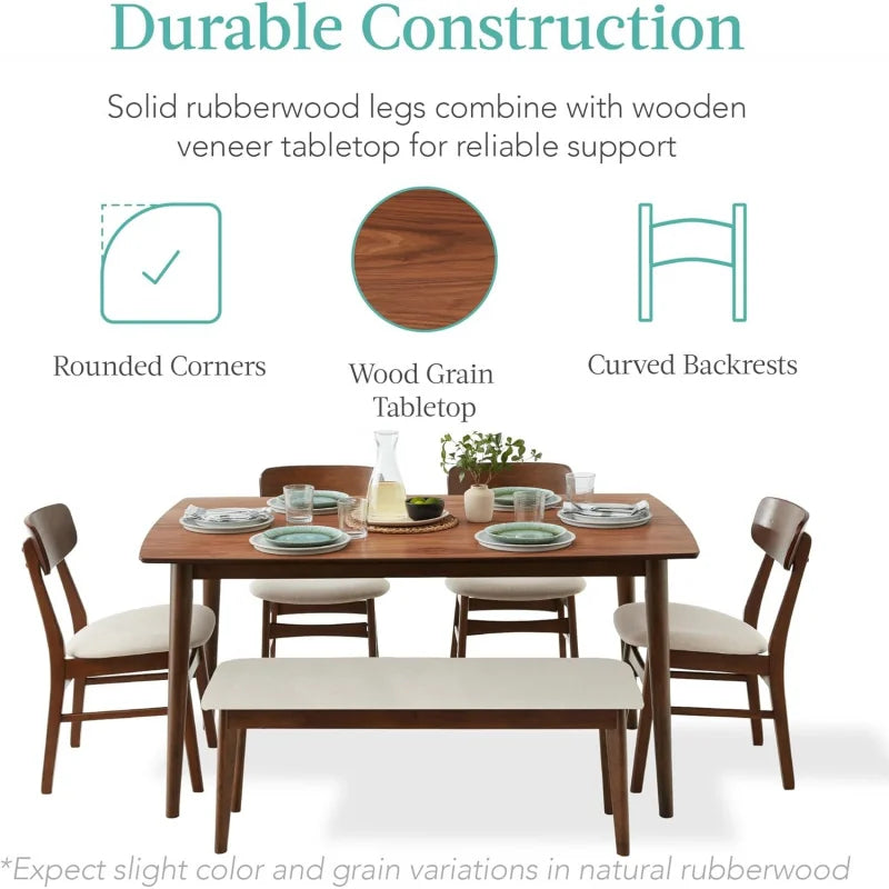Mid Modern Wooden Dining Table With Upholstered Chairs Rubberwood Set