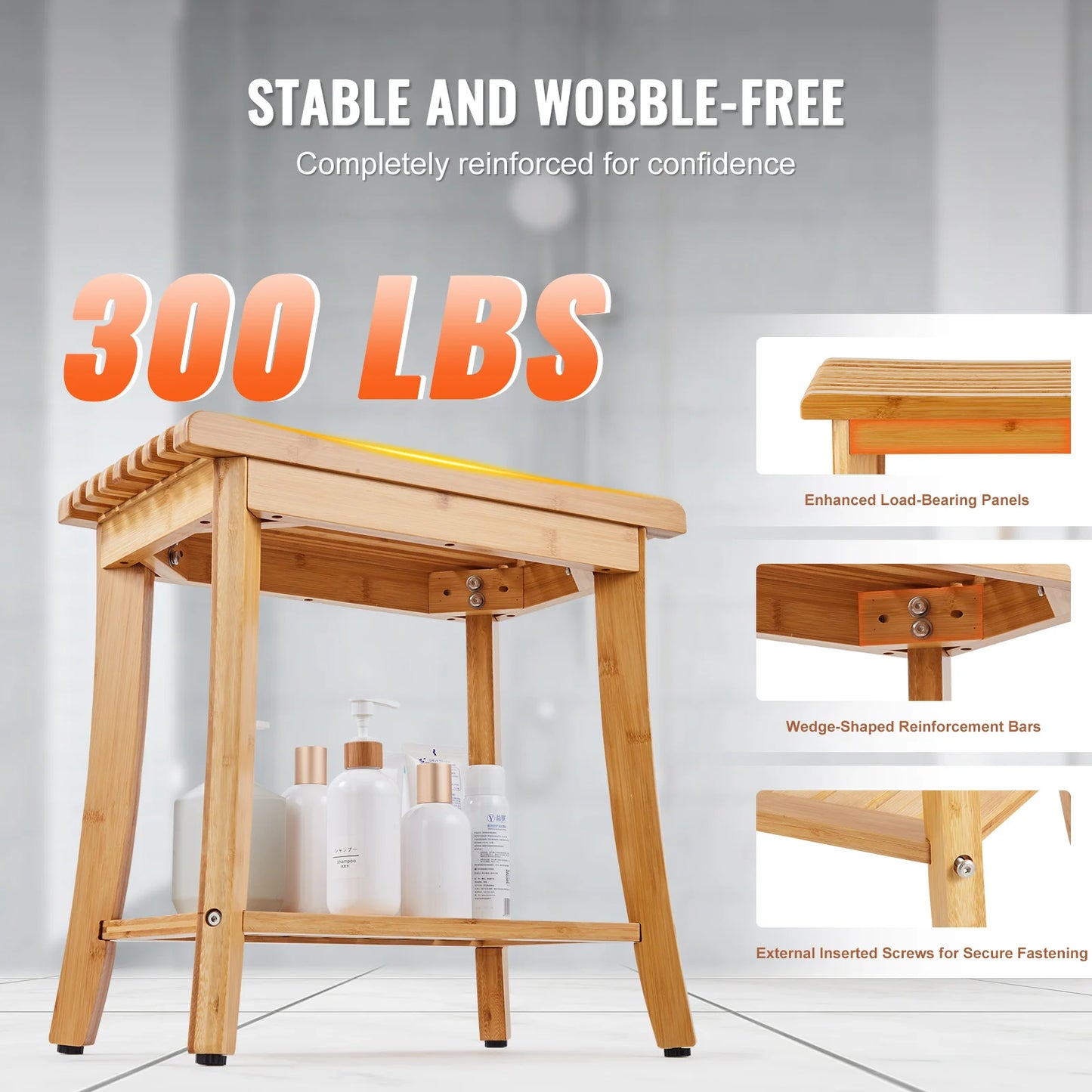 SucceBuy Bamboo Shower Bench With Storage Shelf Waterproof