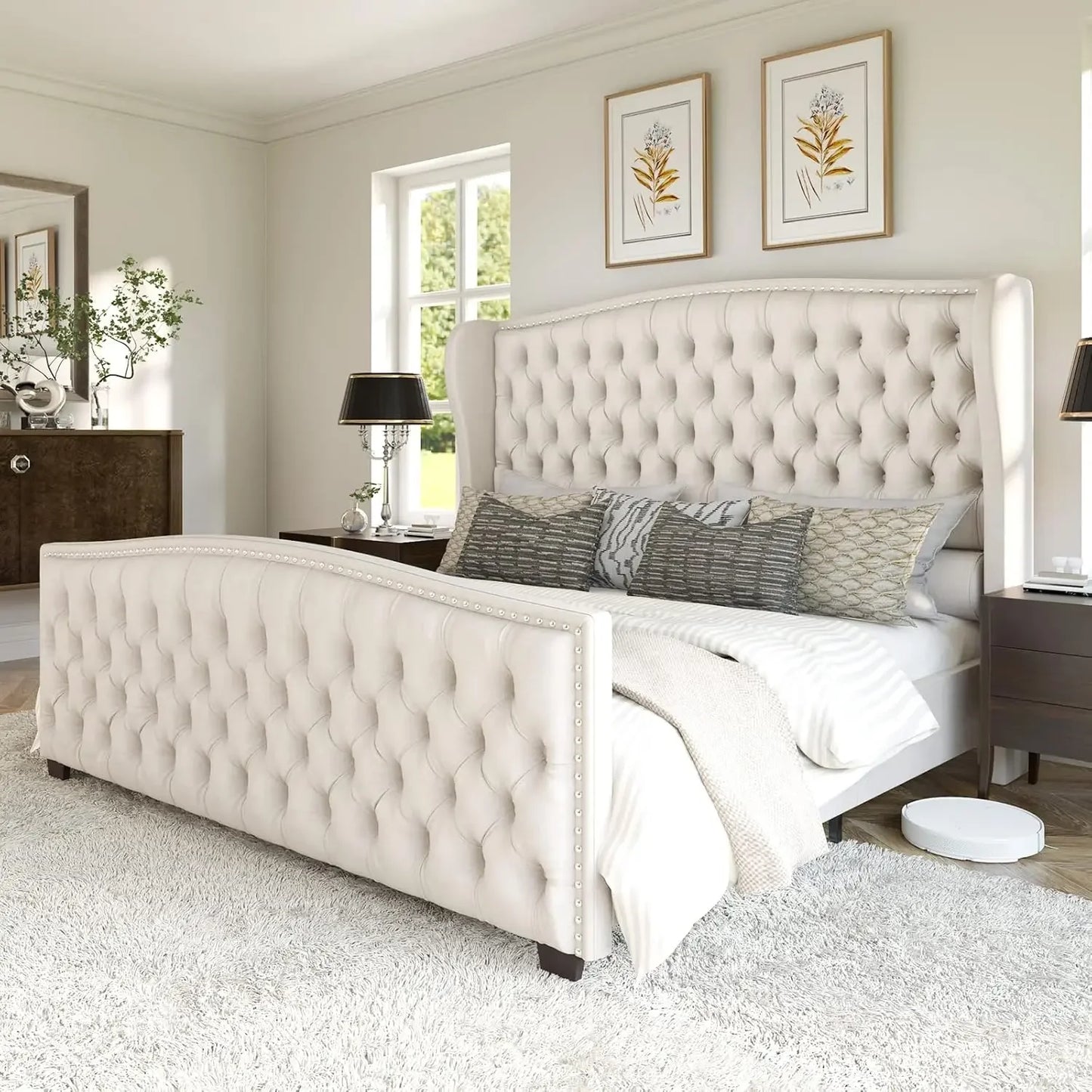 Velvet Upholstered Platform Bed Frame With Wingback Headboard