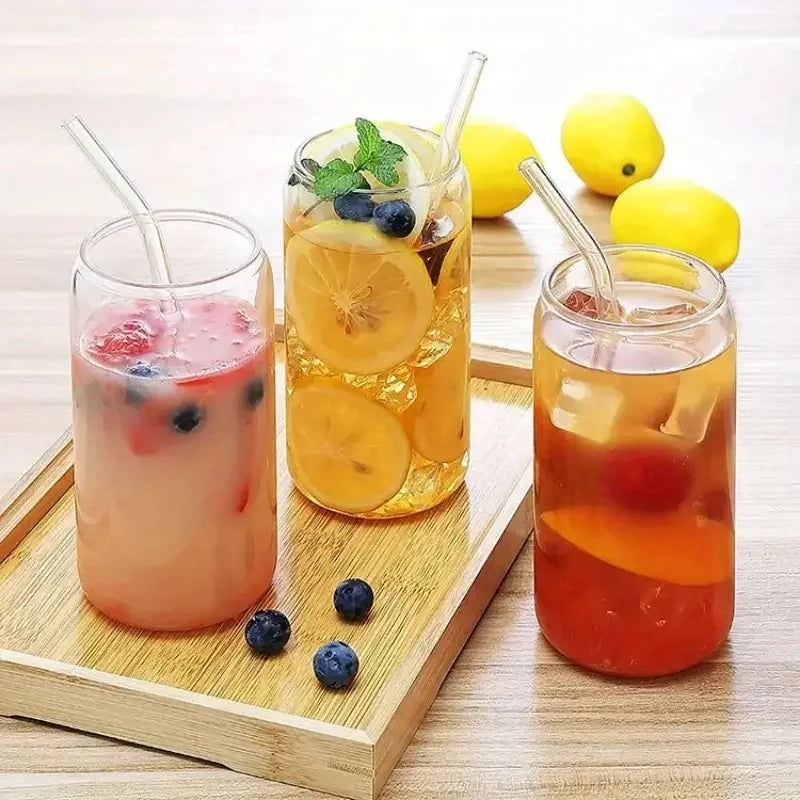 Six Glass Drinking Set Bamboo Lids Glass Straws Premium Quality