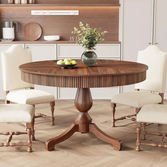 Walnut Round Dining Table With Pedestal Base And Storage Drawers