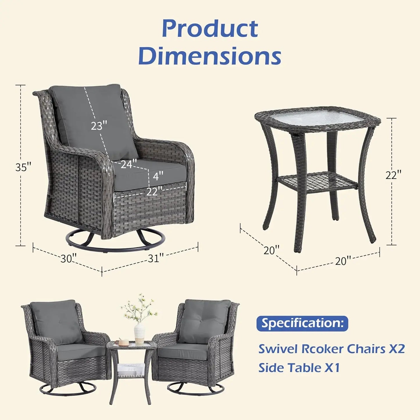 Wicker Patio Furniture Set With Swivel Rocking Chairs And Table