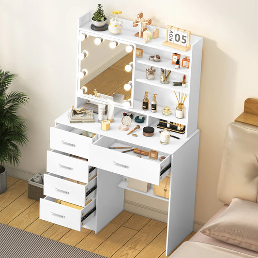 Teousev Vanity Dressing Table With LED Mirror And 5 Drawers