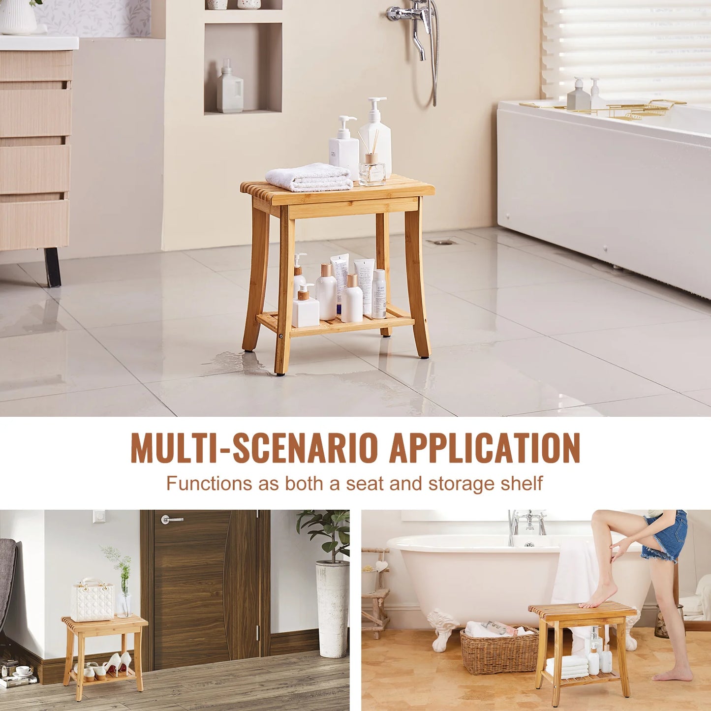 SucceBuy Bamboo Shower Bench With Storage Shelf Waterproof