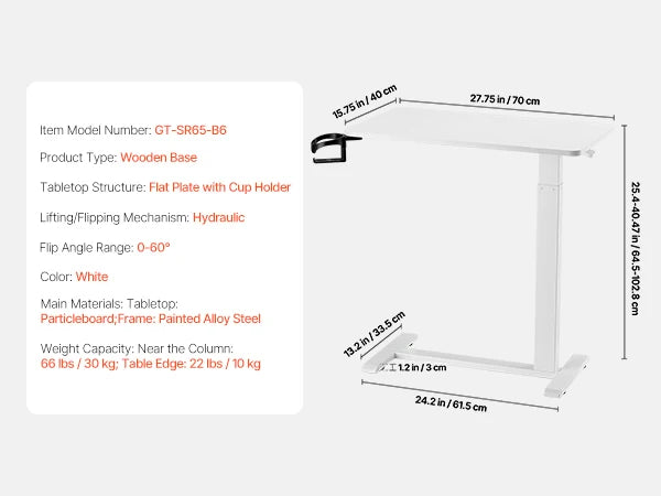VEVOR Overbed Table With Swivel Casters Height And Angle Adjustable