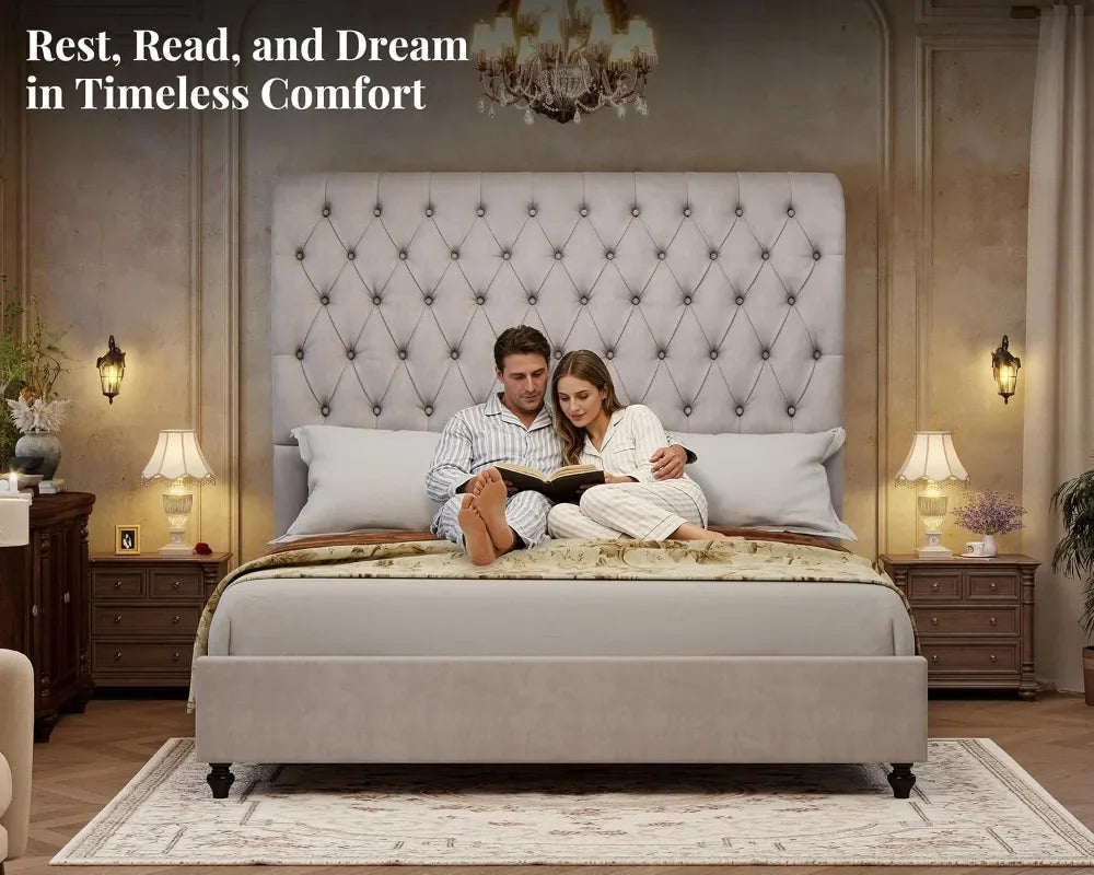 Jocisland King Bed Frame With 59 Inch Velvet Tufted Headboard