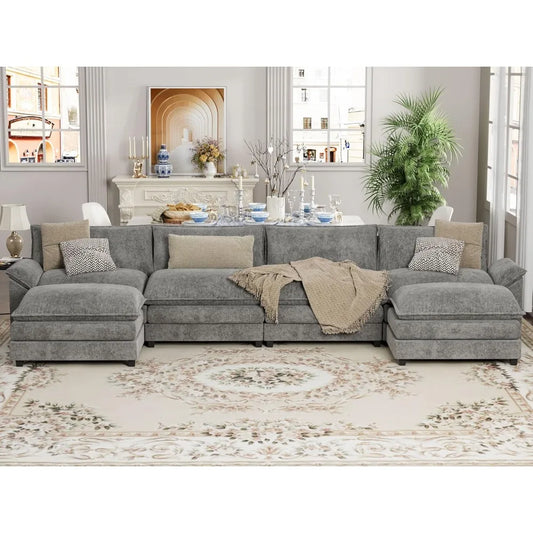 U Shaped Sectional Sofa In Chenille With Removable Ottoman Sleeper