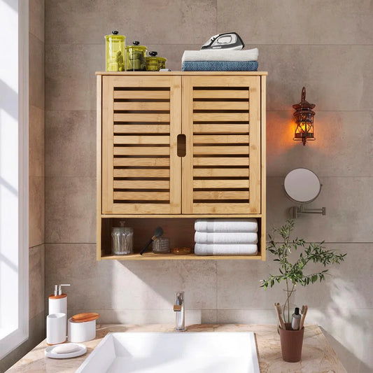 Wisfor Wall Mounted Bamboo Bathroom Cabinet Storage Shelf Medicine Cupboard
