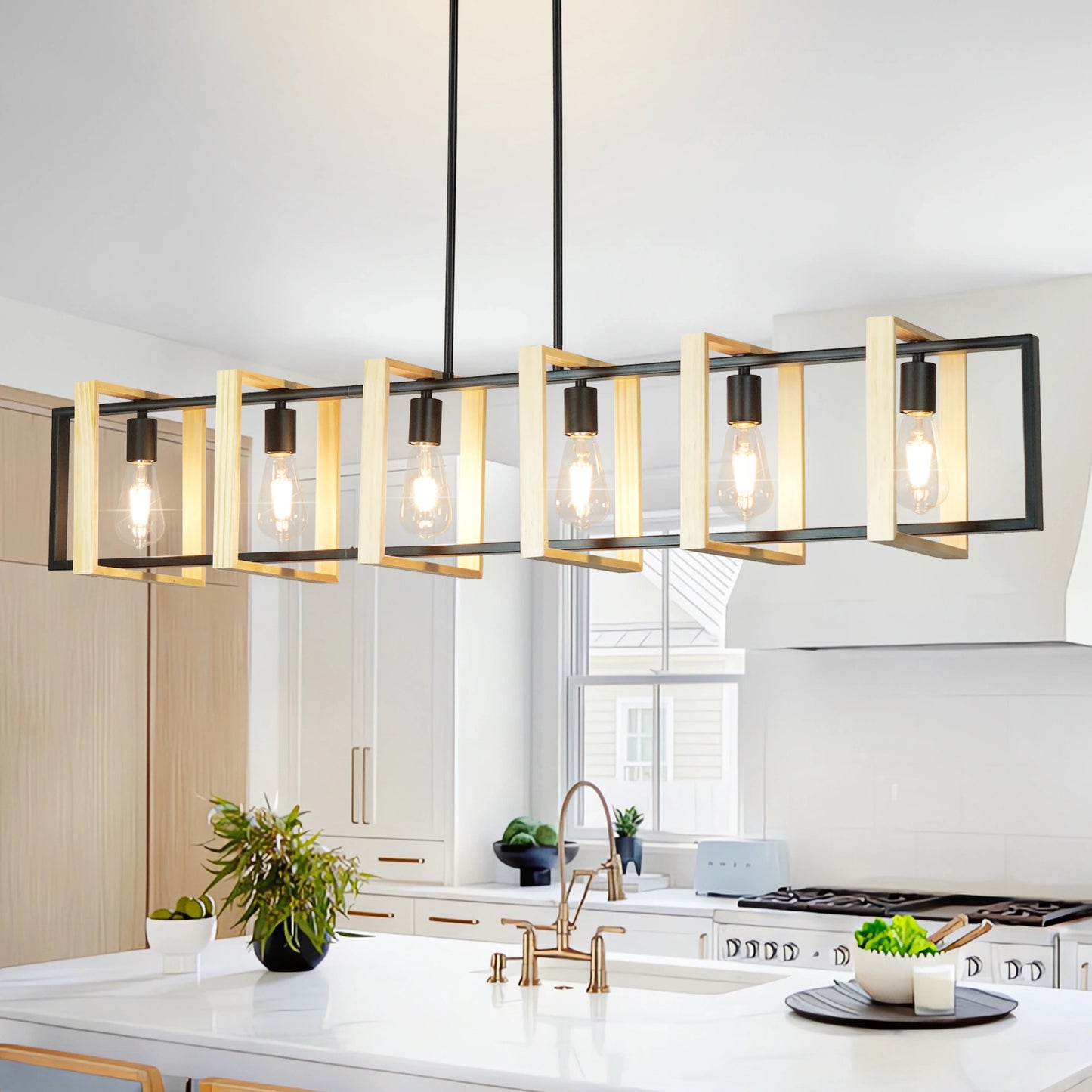 Modern Farmhouse Kitchen Island Pendant Lights With Wood Shades Dimmable